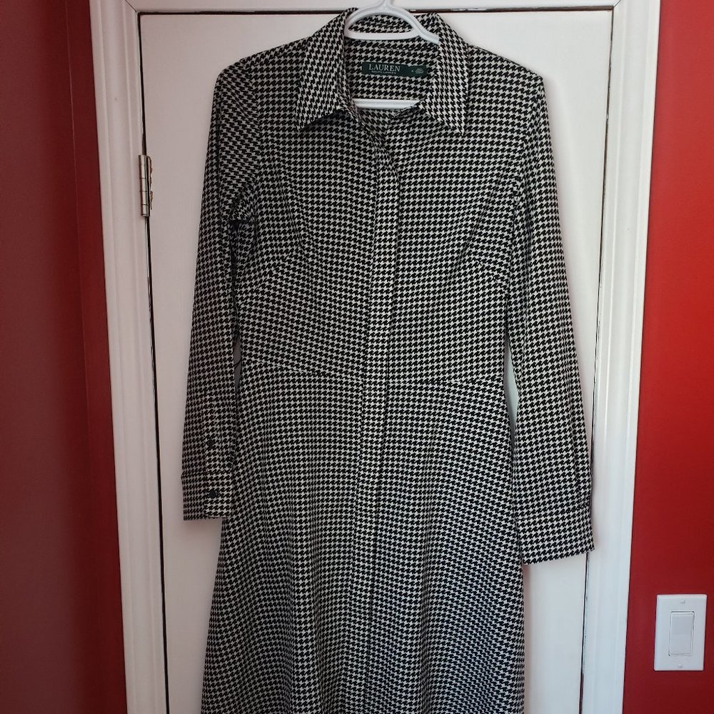 Ralph Lauren Black & White Houndstooth Collared Shirt Dress Size 6